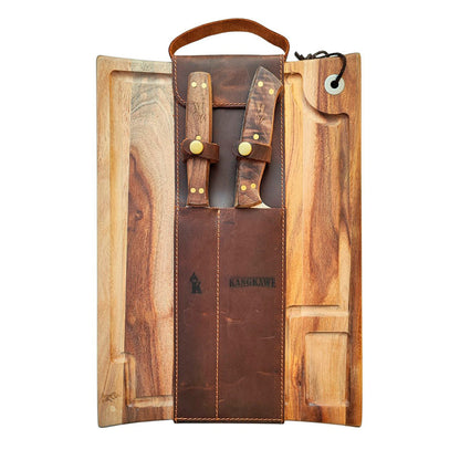 Kit Estuche Tabla Madera + Cuchillo 8 + Tenedor Cuero Kangkawe1#Acero