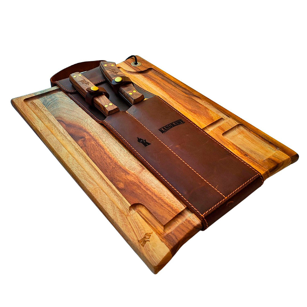 Kit Estuche Tabla Madera + Cuchillo 8 + Tenedor Cuero Kangkawe3#Acero