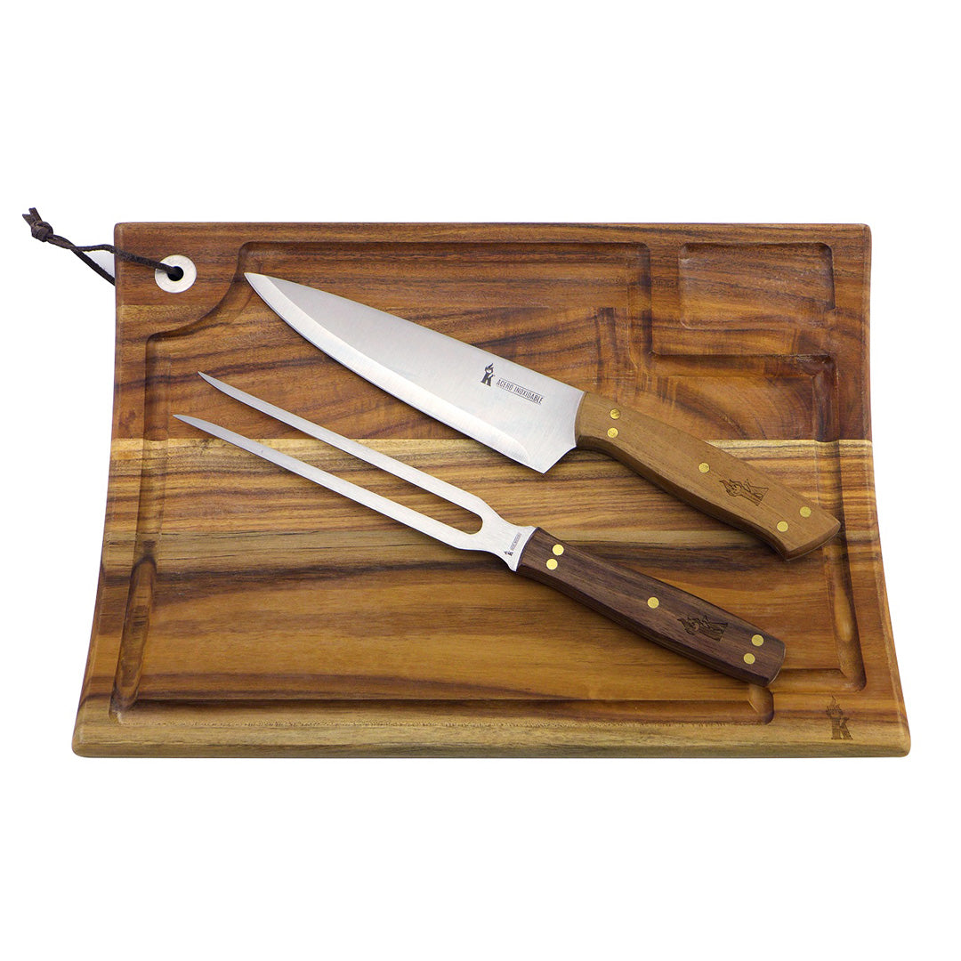 Kit Estuche Tabla Madera + Cuchillo 8 + Tenedor Cuero Kangkawe2#Acero