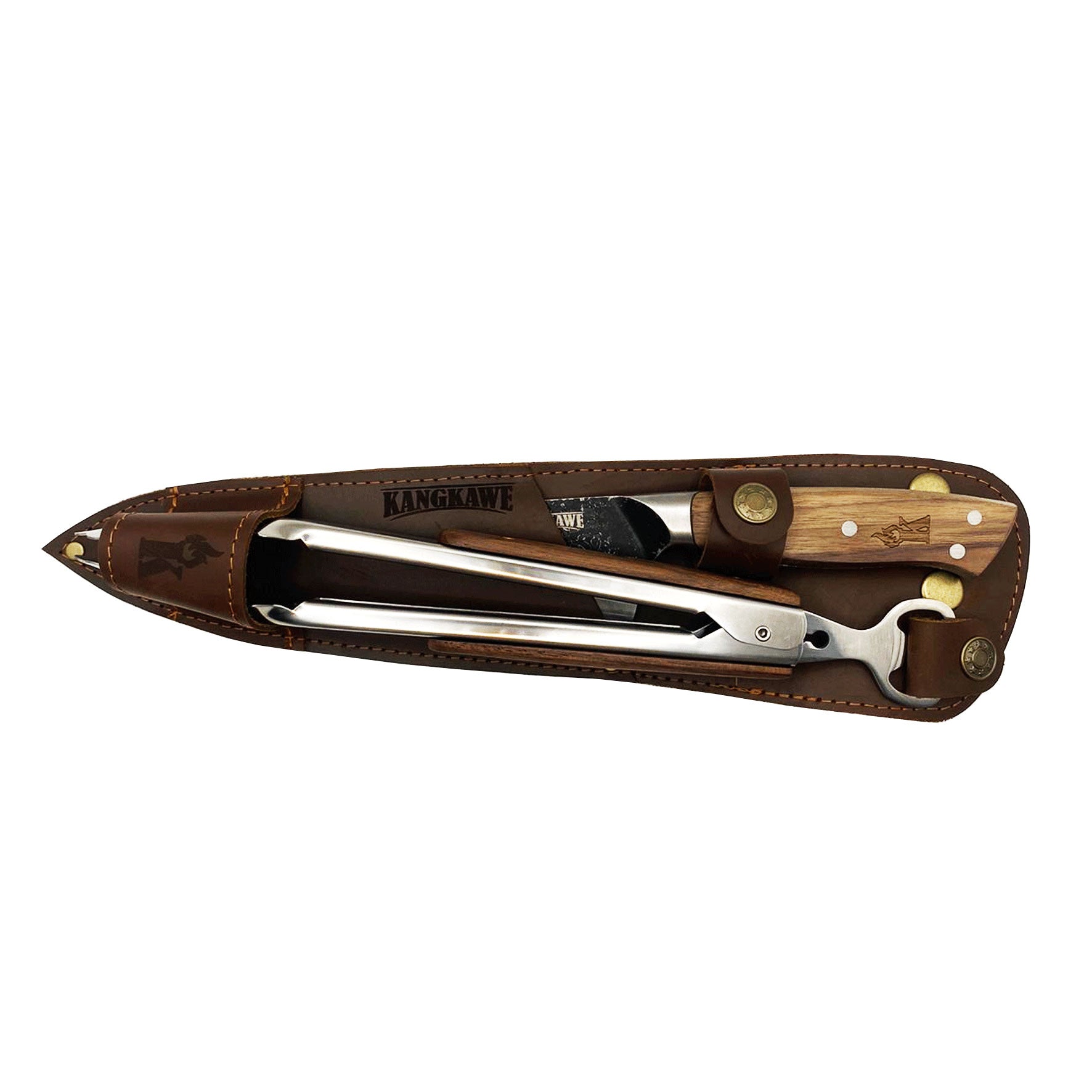 Duo Parrillero en Cuero Cuchillo Curacavi + Tenaza 10 Kangkawe1#acero