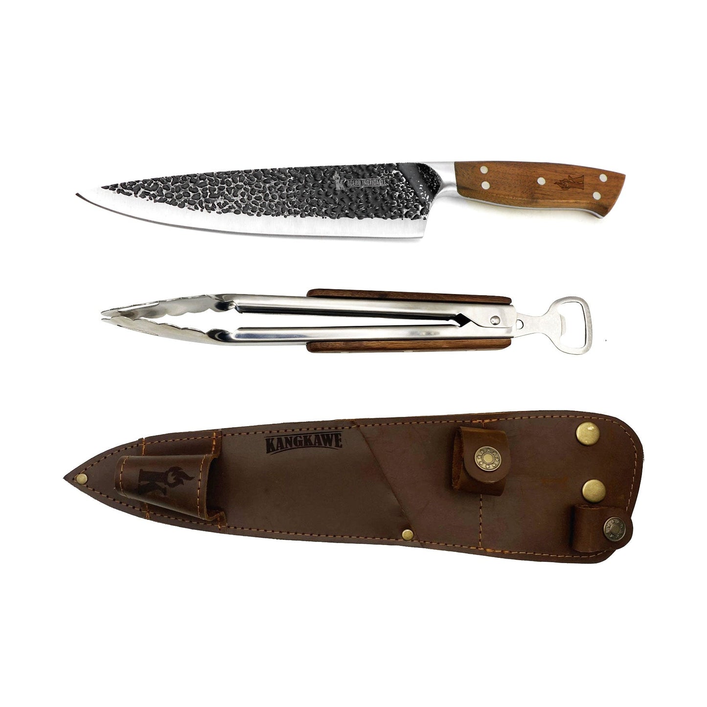 Duo Parrillero en Cuero Cuchillo Curacavi + Tenaza 10 Kangkawe2#acero