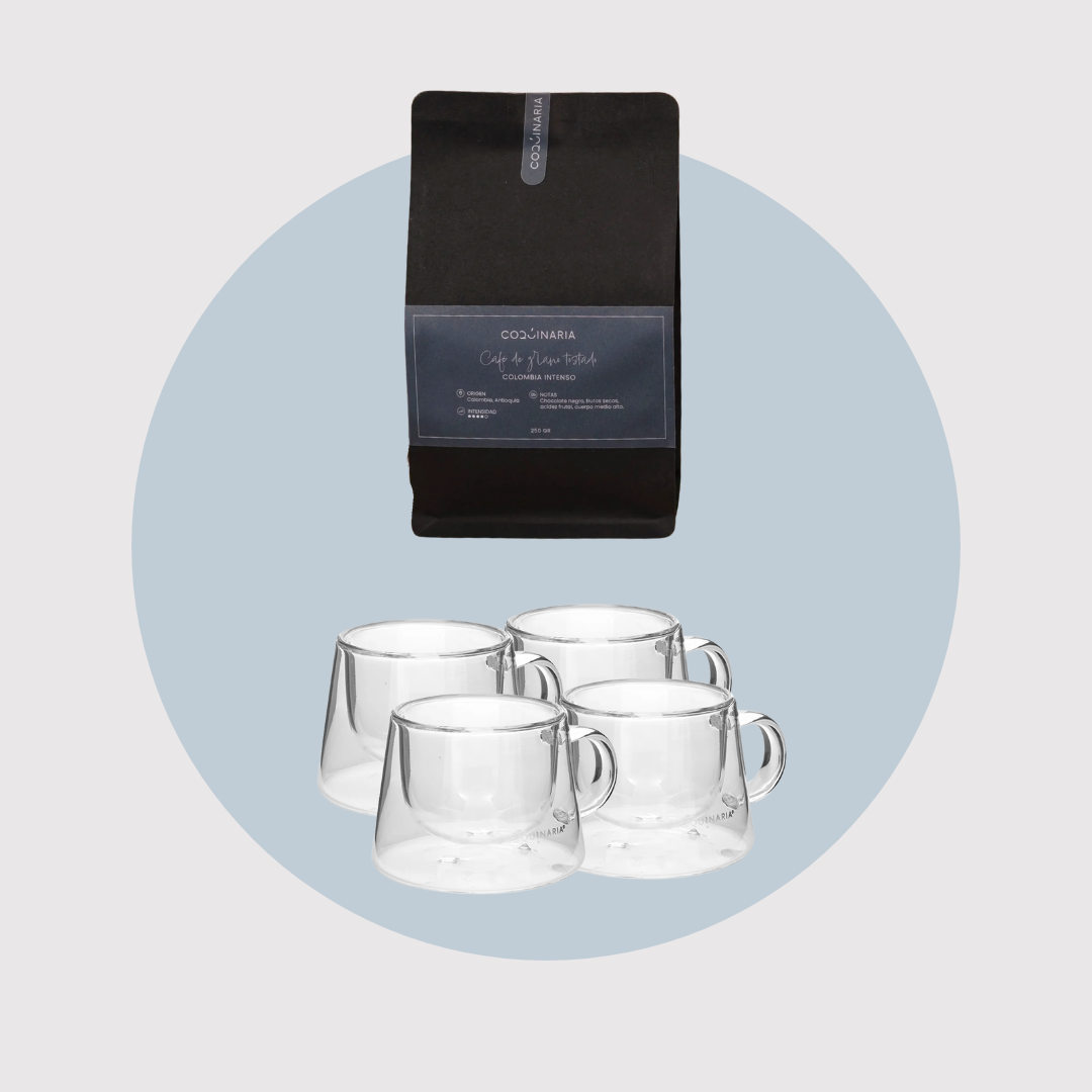 Kit 4 Tazas Expreso de Vidrio y Café Colombiano Molido Coquinaria 250 grs