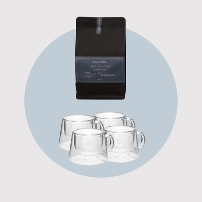 Kit 4 Tazas Expreso de Vidrio y Café Colombiano Molido Coquinaria 250 grs