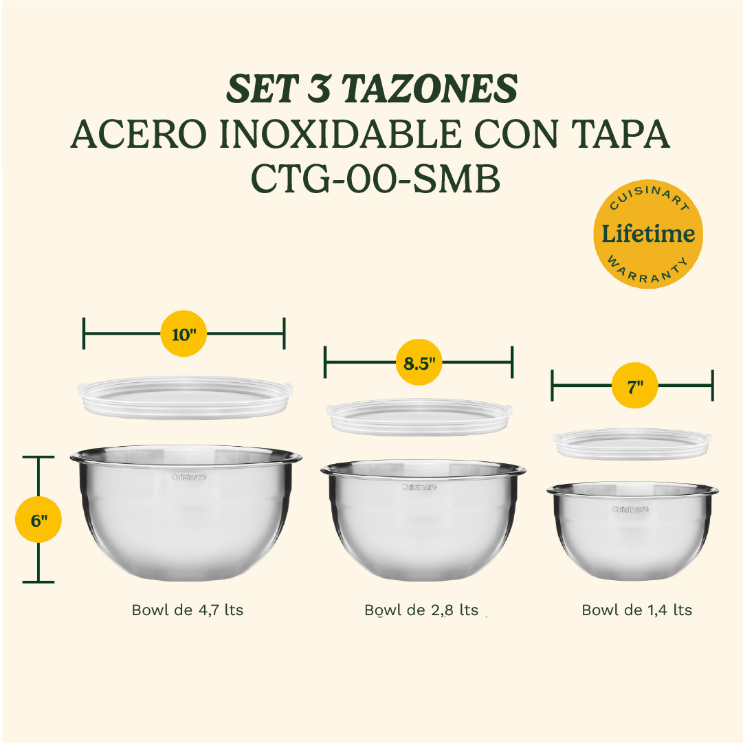 Set 3 Tazones Acero Inoxidable Con Tapa CTG-00-SMB Cuisinart2#Plateado
