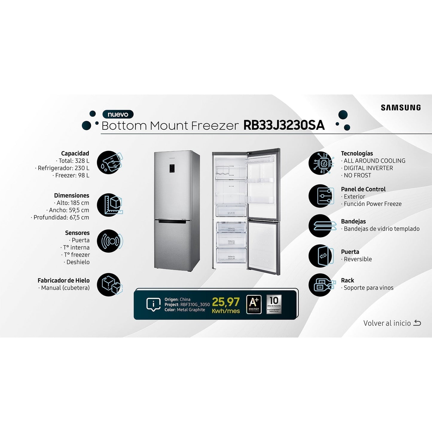Refrigerador Bottom Mount Freezer RB33J3230SAZS 328 Lts Samsung10#Metal Graphite