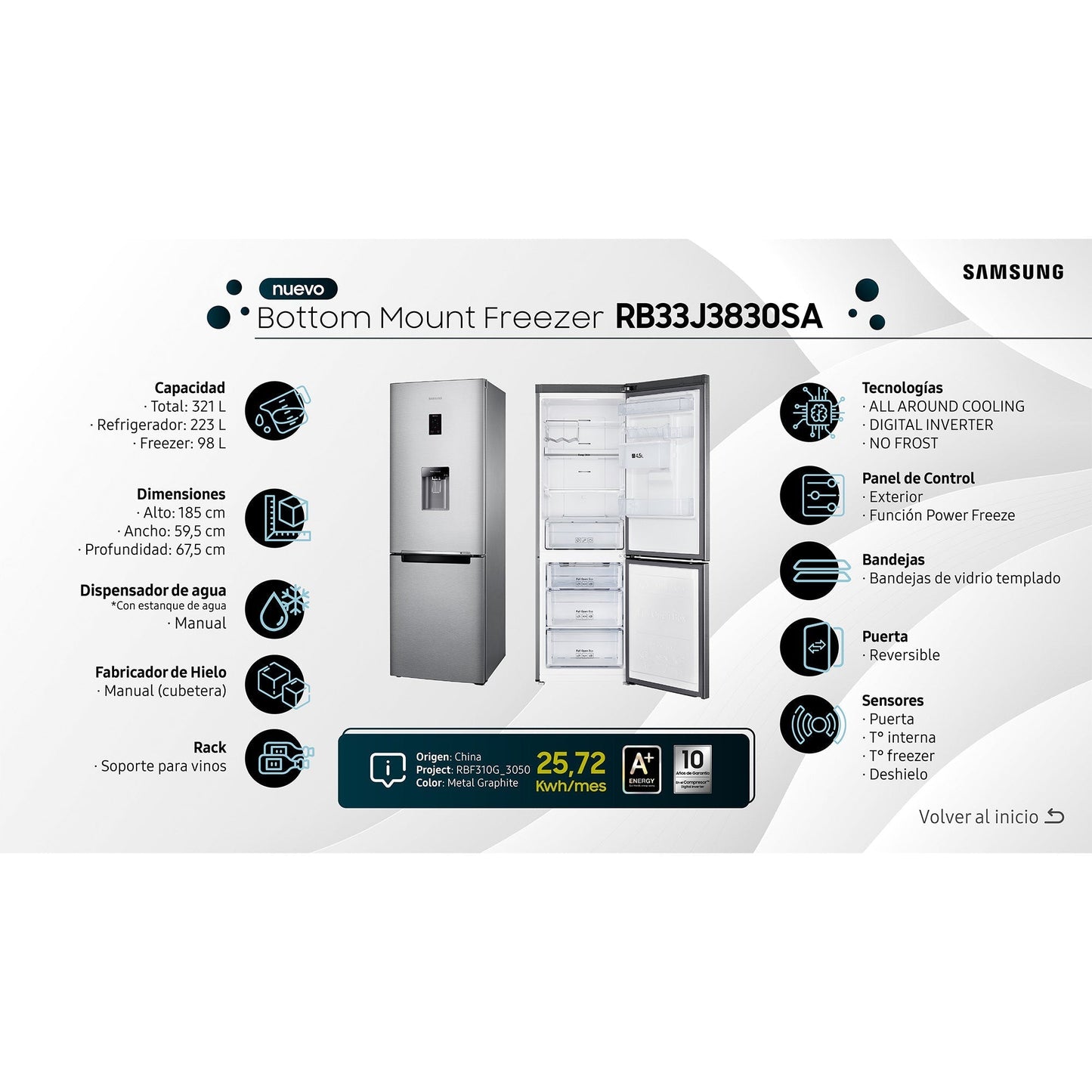 Bottom Mount Freezer de 321L con eficiencia de espacio RB33J3830SAZS Samsung10#Metal Graphite