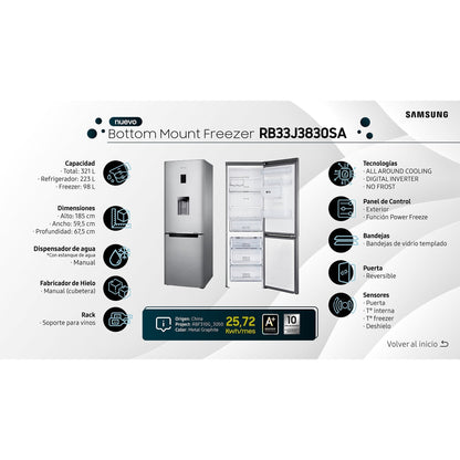 Bottom Mount Freezer de 321L con eficiencia de espacio RB33J3830SAZS Samsung10#Metal Graphite