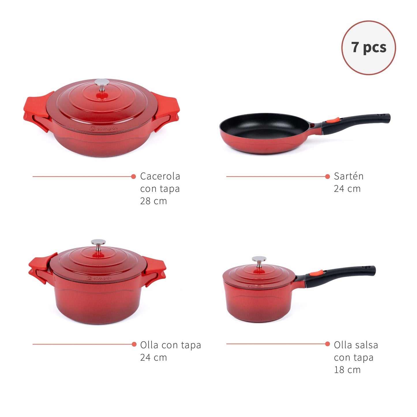 Batería de Cocina Antiadherente Toulouse 7 Pzs + Accesorios Simplit8#Rojo
