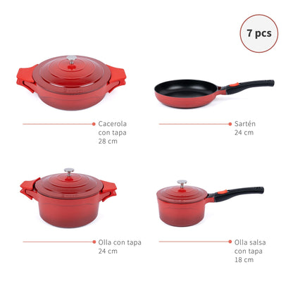 Batería de Cocina Antiadherente Toulouse 7 Pzs + Accesorios Simplit8#Rojo