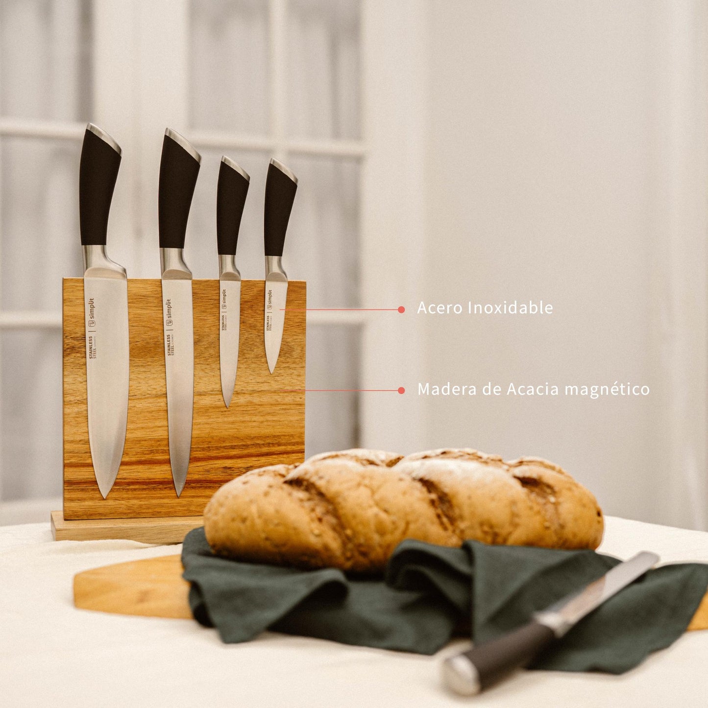 Set Cuchillos Küche 5 pcs Acero Inoxidable + Base Simplit3#Sin color