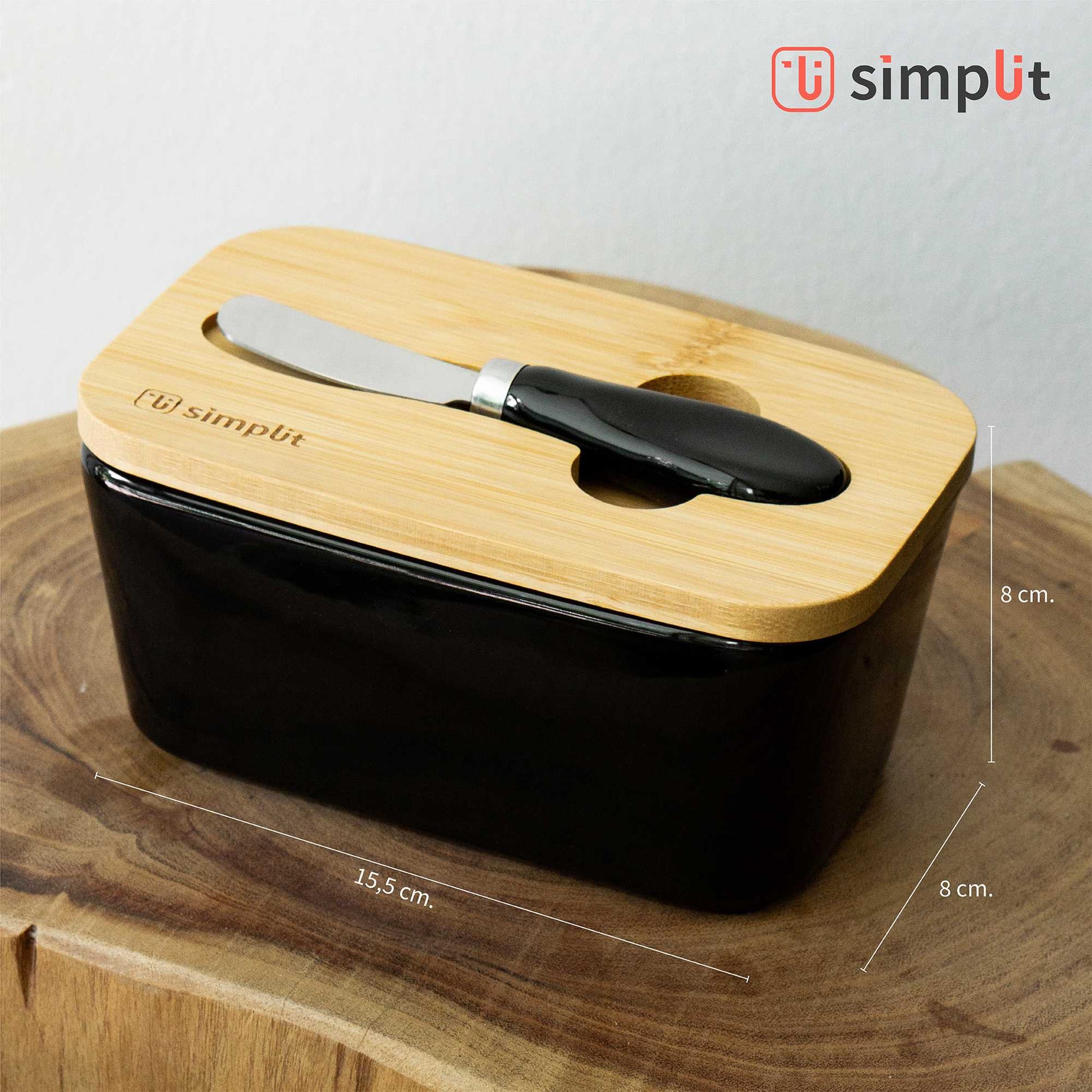 Mantequillero Cerámica Tapa Bamboo + Cuchillo 600 ml Simplit8#Blanco