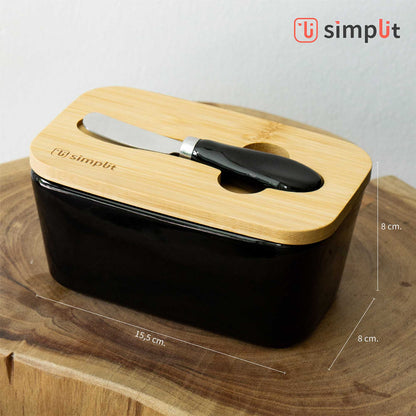 Mantequillero Cerámica Tapa Bamboo + Cuchillo 600 ml Simplit8#Blanco