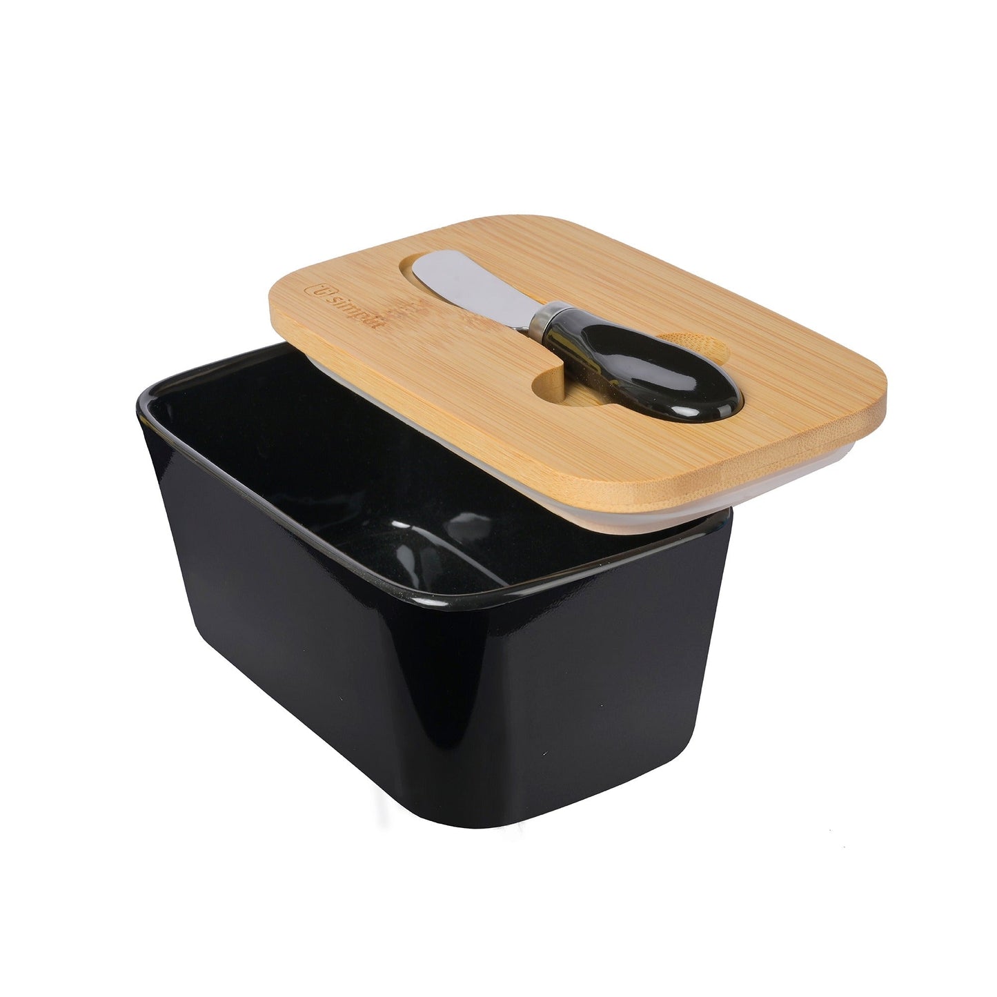 Mantequillero Cerámica Tapa Bamboo + Cuchillo 600 ml Simplit10#Blanco