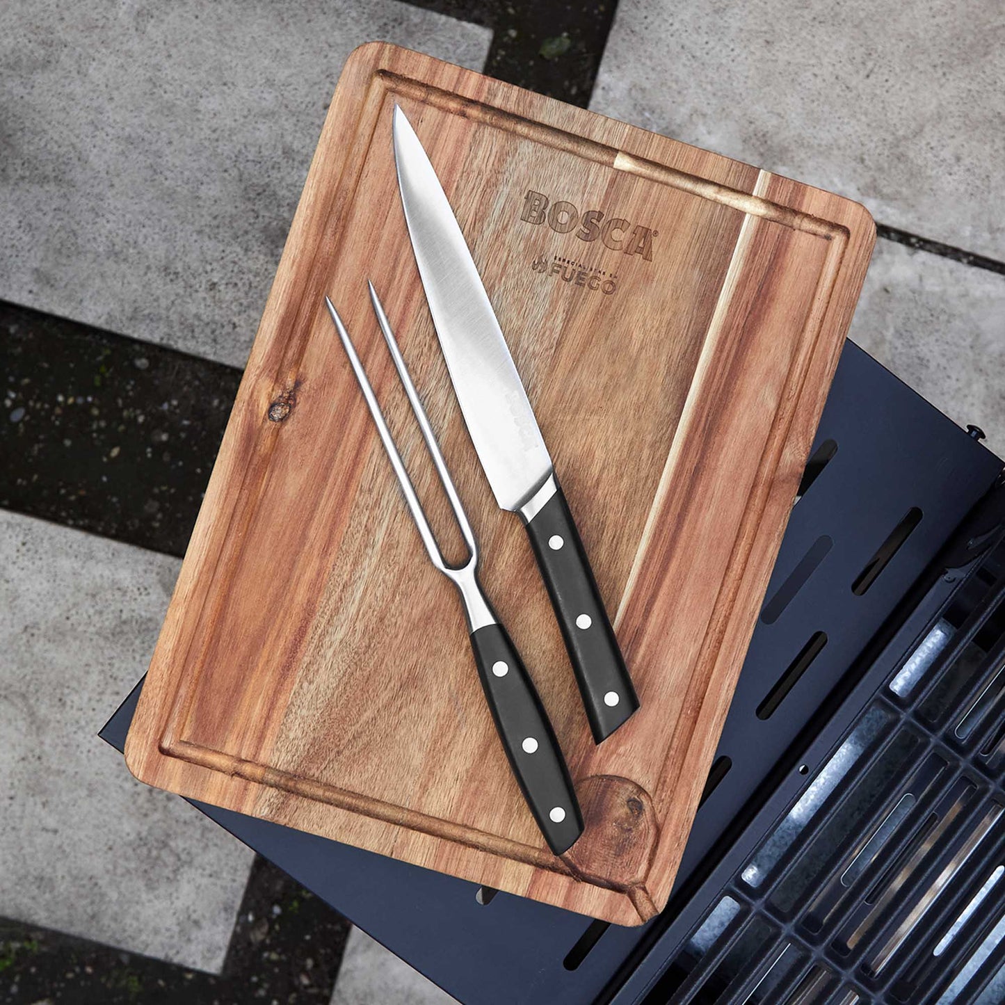 Tabla Parrillera + Cuchillo y Tenedor Bosca1#Madera