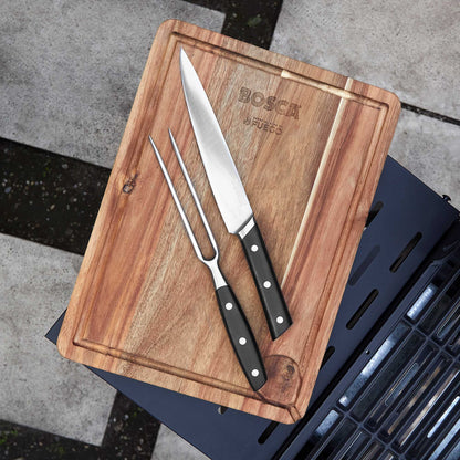Tabla Parrillera + Cuchillo y Tenedor Bosca1#Madera