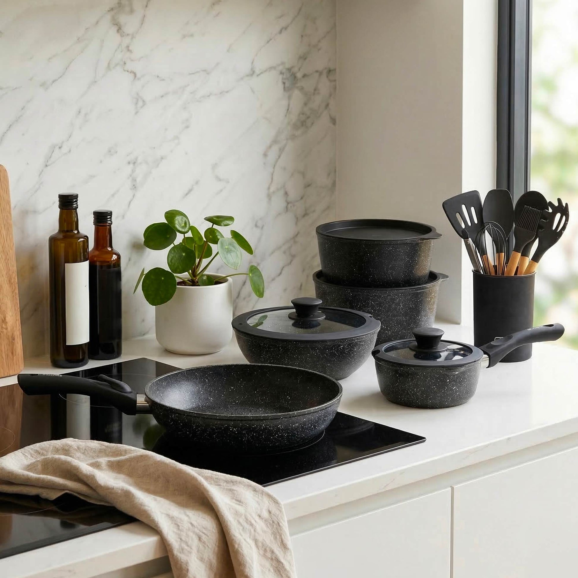 Batería Cocina Oxford + Set 12 Utensilios Negro Simplit-Baterias (Juegos de ollas)