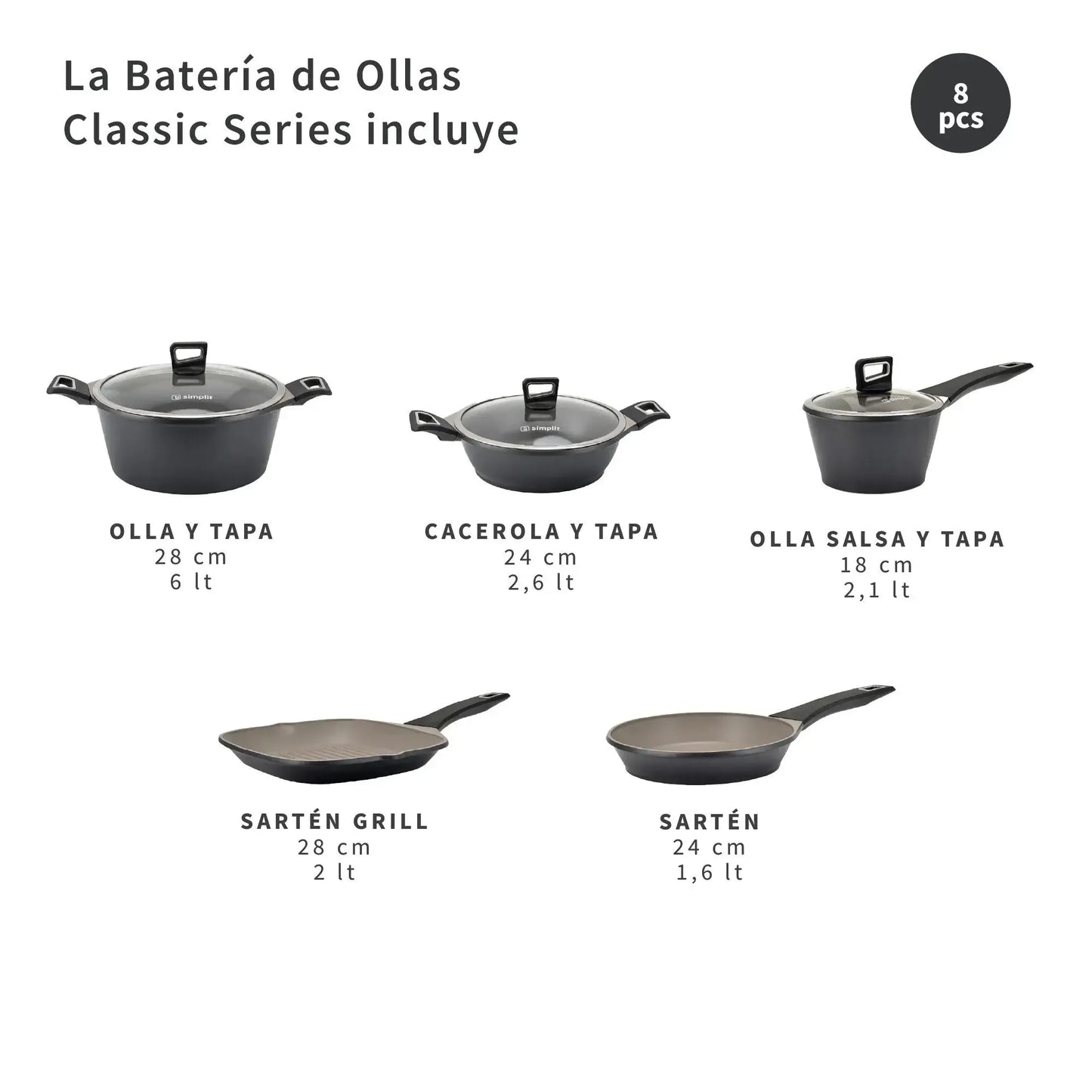 Batería de Cocina Antiadherente Classic 8 Pzs Simplit - FBKC-Baterias (Juegos de ollas)