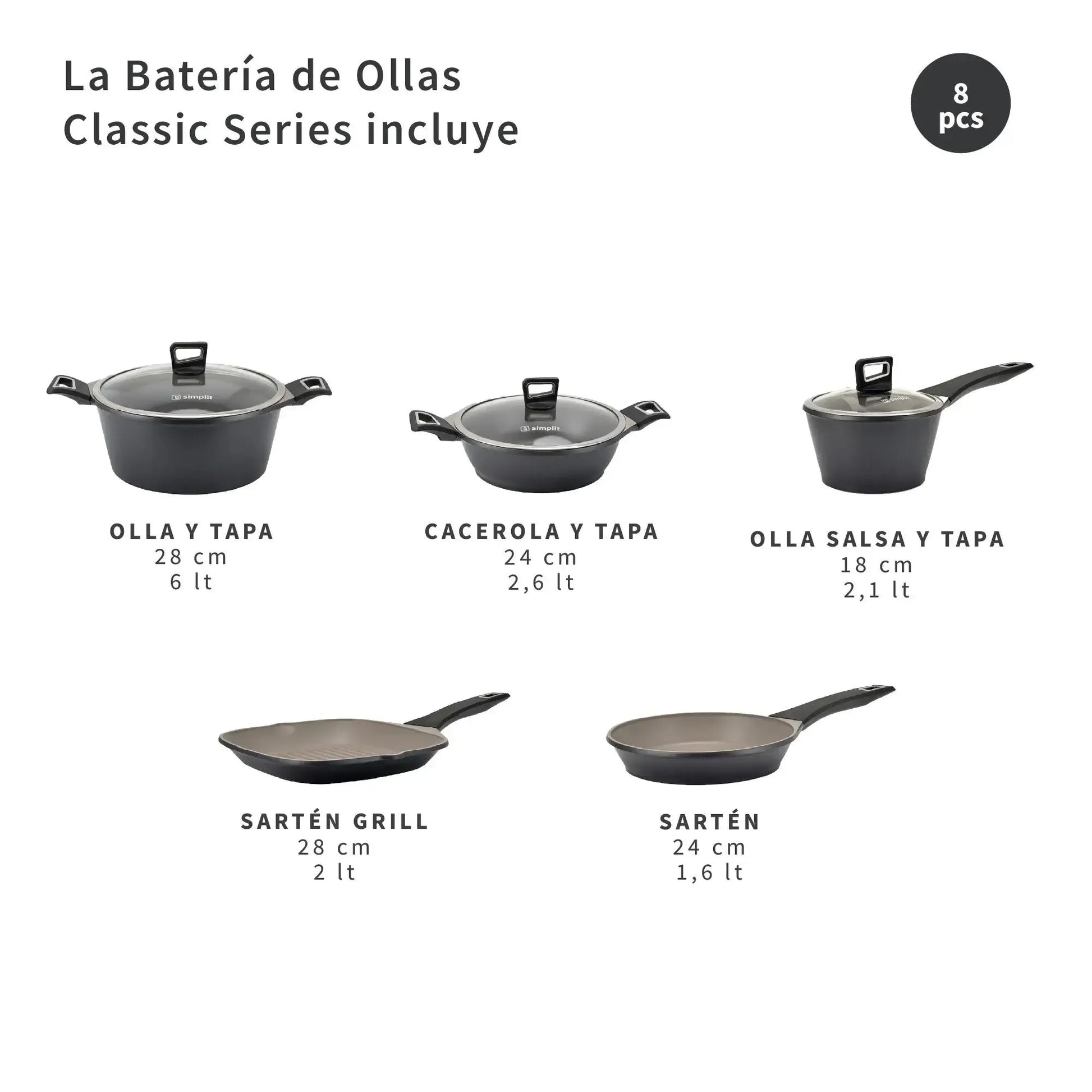 Batería de Cocina Antiadherente Classic 8 Pzs Simplit - FBKC-Baterias (Juegos de ollas)