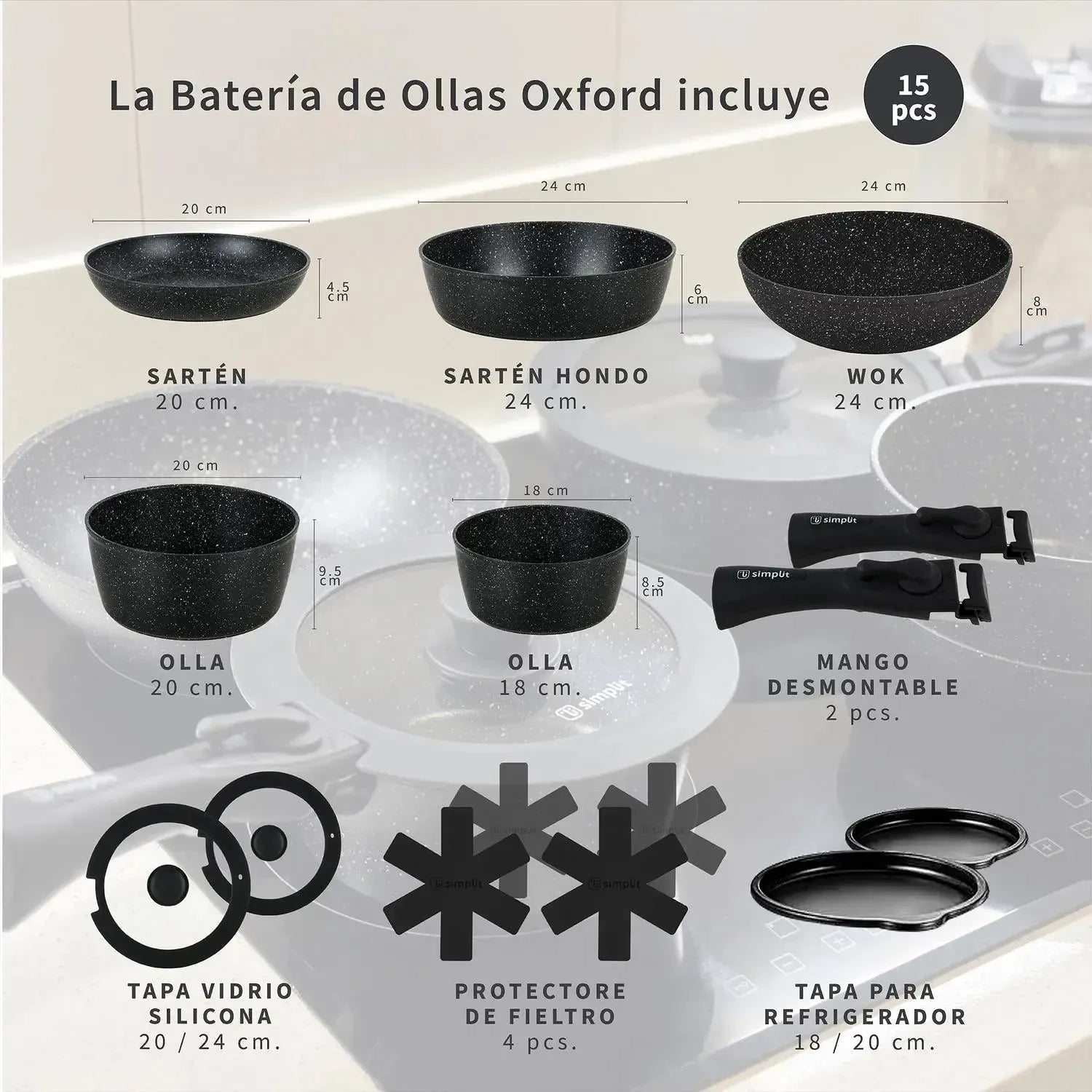 Batería de Cocina Antiadherente Oxford Granito 15pcs Simplit8#Negro