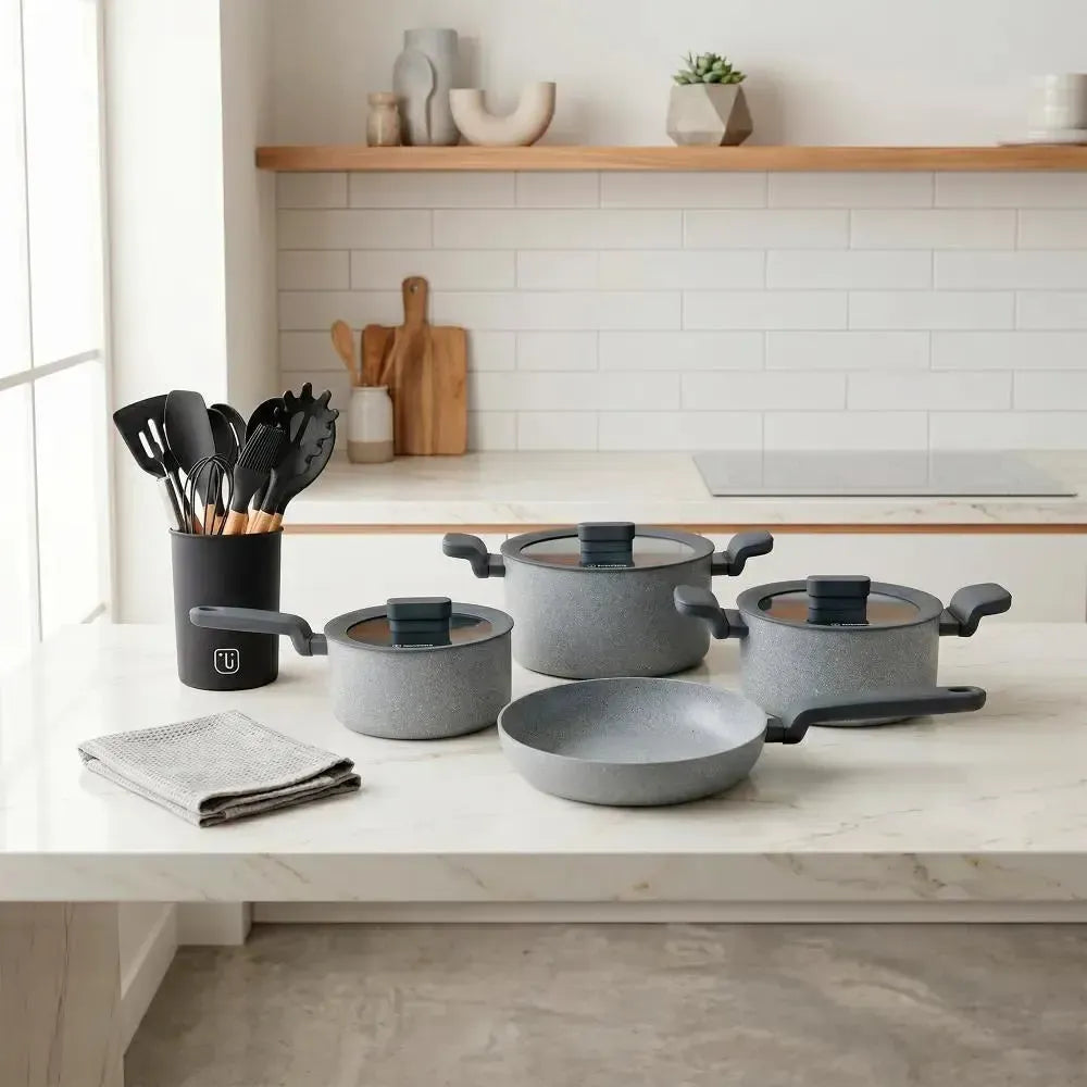Batería de Cocina Pompei + Set 12 Utensilios Negro Simplit-Baterias (Juegos de ollas)