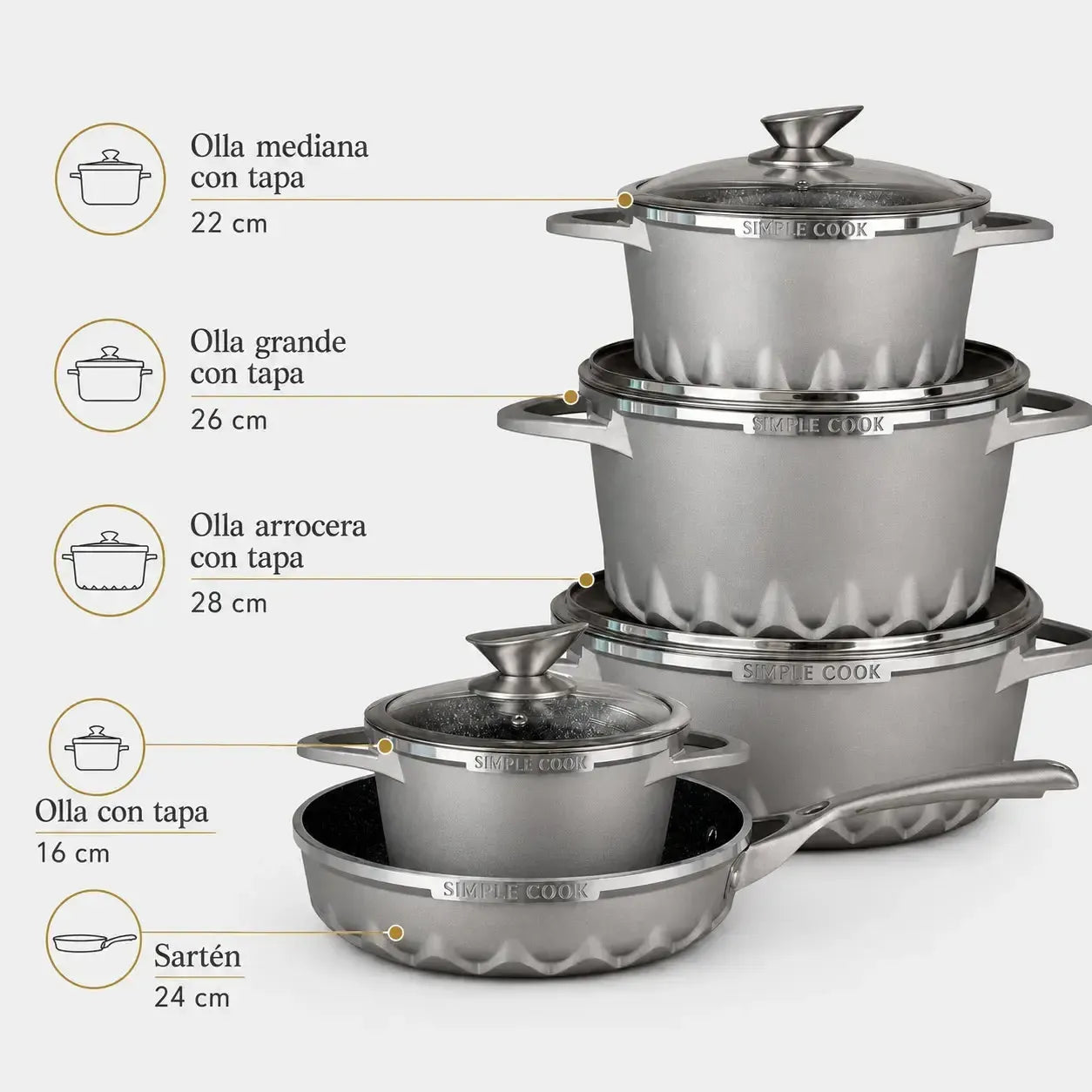 Bateria Simple Cook Mont Blanc 9 pzs + Set de Utensilios Cuisine Negro 10pzs Simple Cook-Kits de Cocción