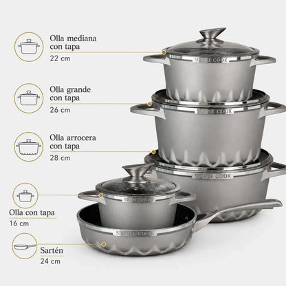 Bateria Simple Cook Mont Blanc 9 pzs + Set de Utensilios Cuisine Negro 10pzs Simple Cook-Kits de Cocción