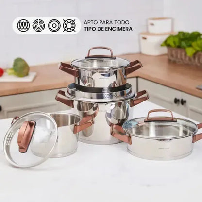 Bateria Simple Cook Niza cobre 8 pzs + Set de Utensilios Cuisine Negro 10pzs Simple Cook-Kits de Cocción