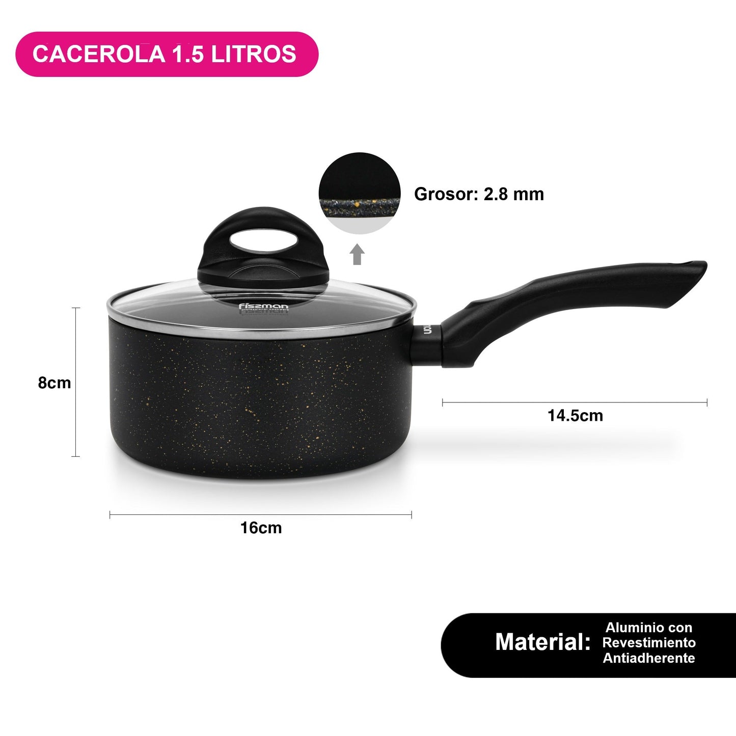 Cacerola Antiadherente Forde con Fondo de Inducción 1.5 Litros Fissman8#Negro