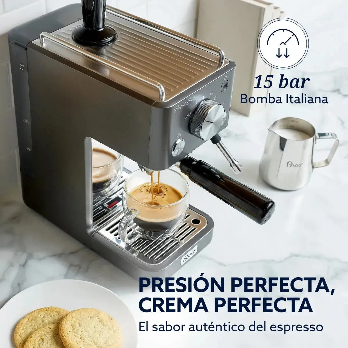 Cafetera Perfect Brew Bomba Italiana 15 Bar Bvstem7201 Gris Oster-Cafeteras Espresso