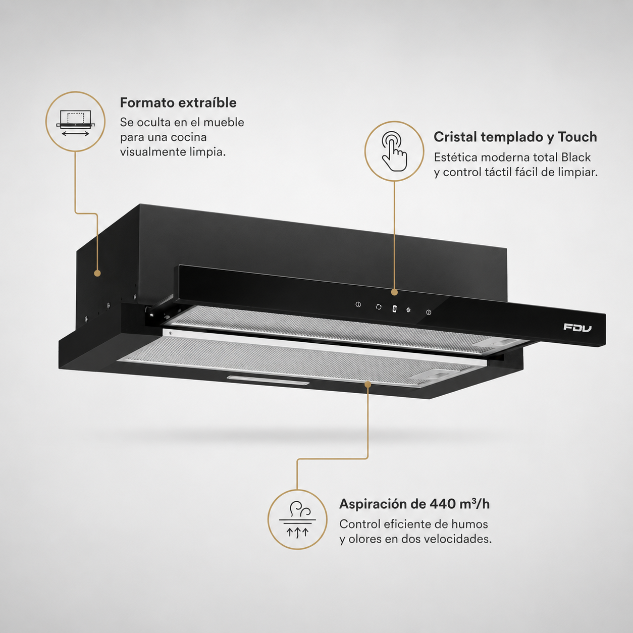 Campana Bajo Mueble City Black Touch 60 cm 452 m3/h FDV - Caja Dañada-Campanas Bajo Mueble