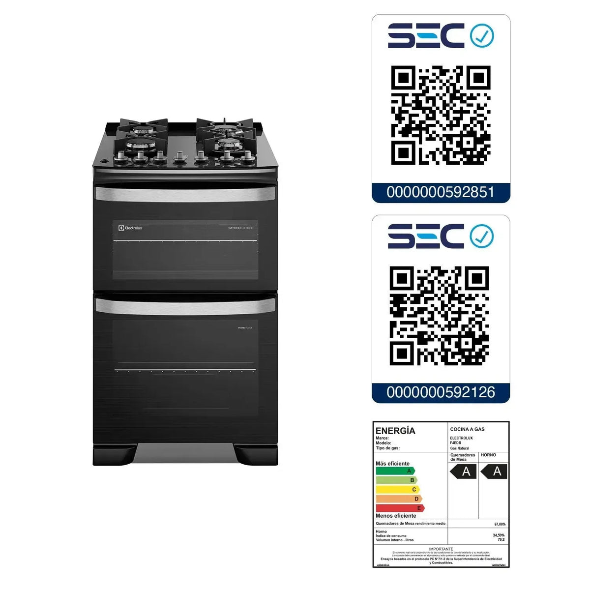 Cocina a Gas 4 Platos Doble Horno Parrillas Hierro Fundido F4EDB-Cocinas a Gas