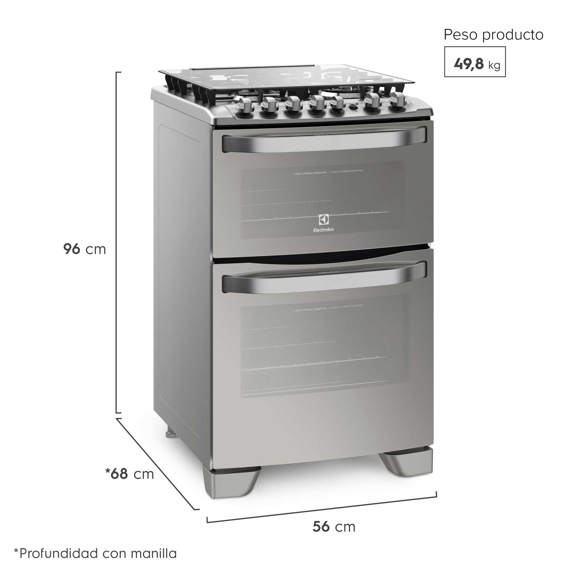 Cocina a Gas 4 Platos Doble Horno Triple Llama 56DXA Electrolux3#Inox