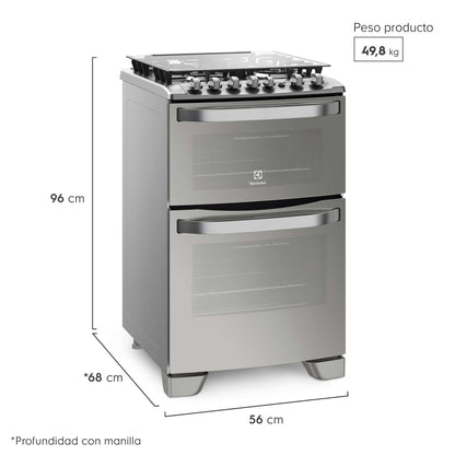Cocina a Gas 4 Platos Doble Horno Triple Llama 56DXA Electrolux3#Inox