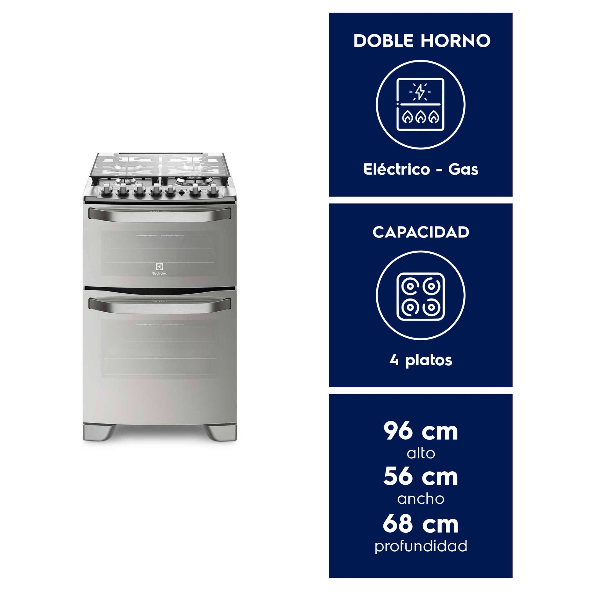Cocina a Gas 4 Platos Doble Horno Triple Llama 56DXA Electrolux5#Inox