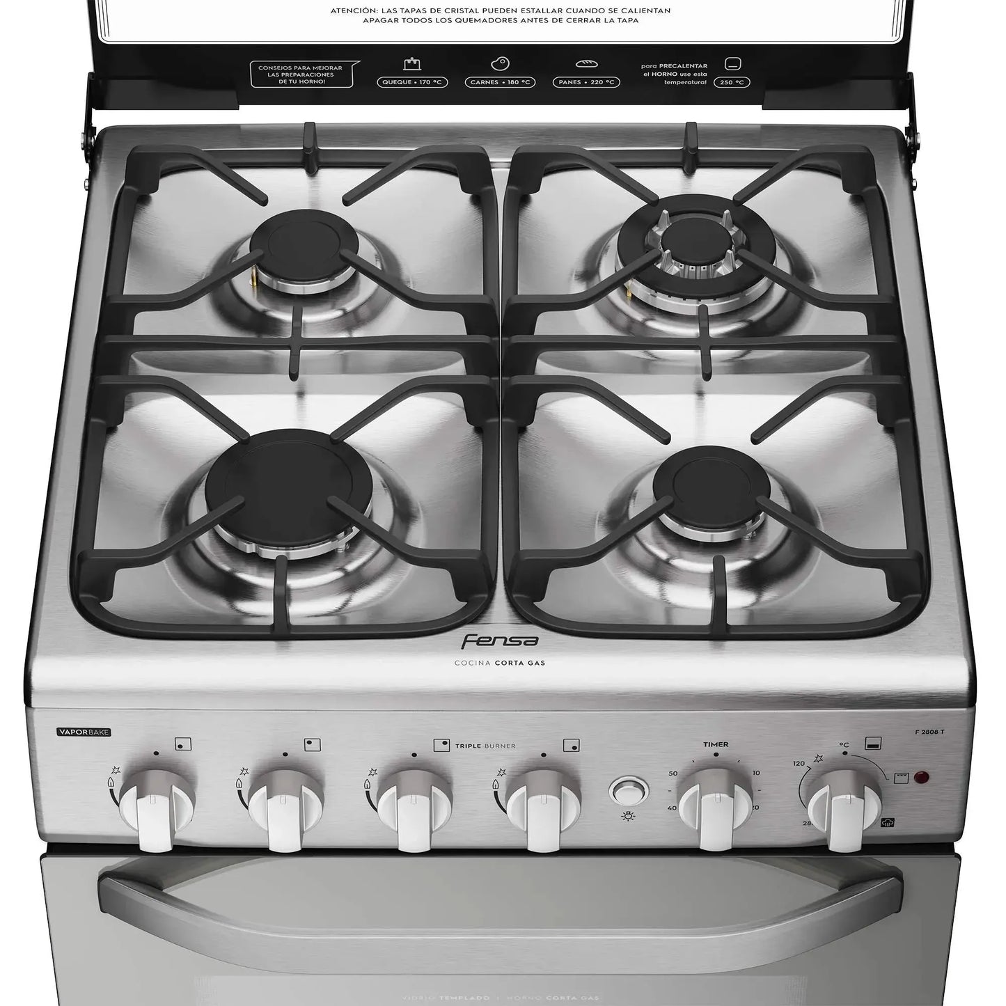Cocina a Gas 4 Platos VaporBake Triple Llama F 2808 T Fensa5#Espejado