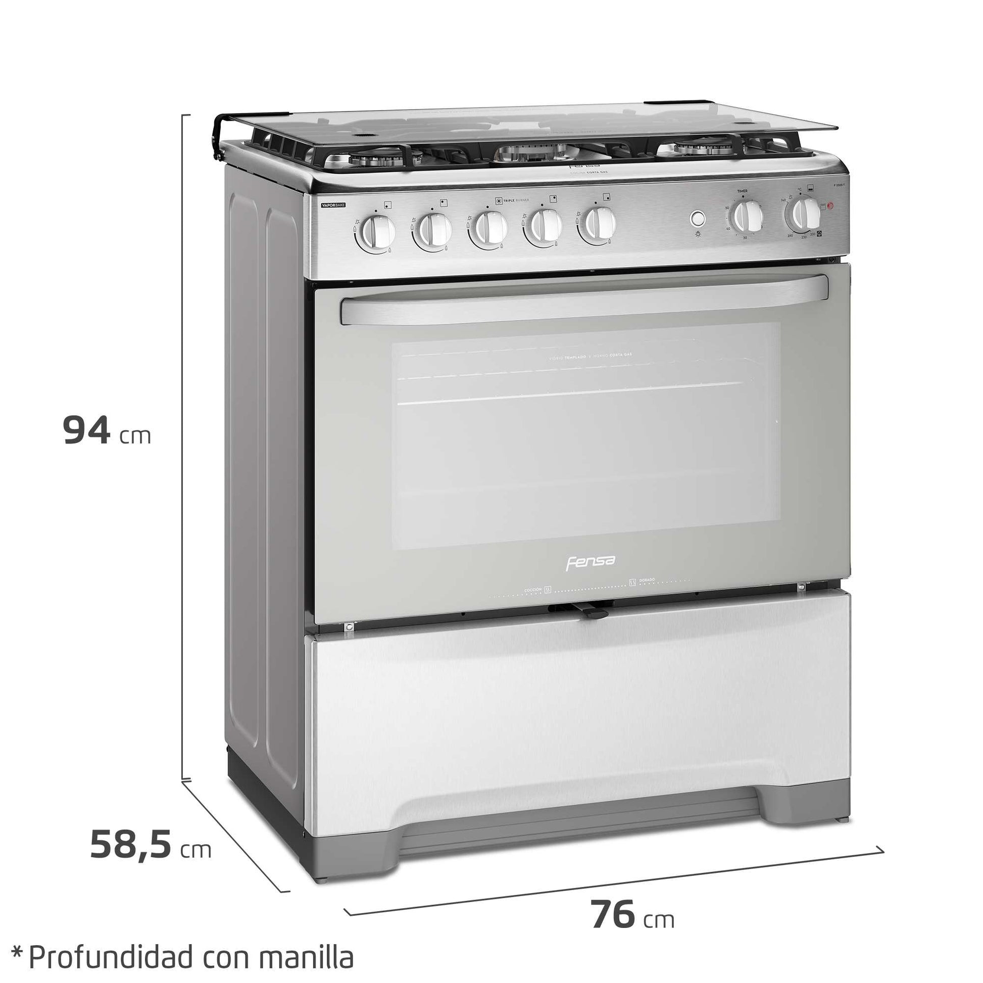 Cocina a Gas 5 Platos VaporBake Triple Llama F 5500 T Fensa3#Acero