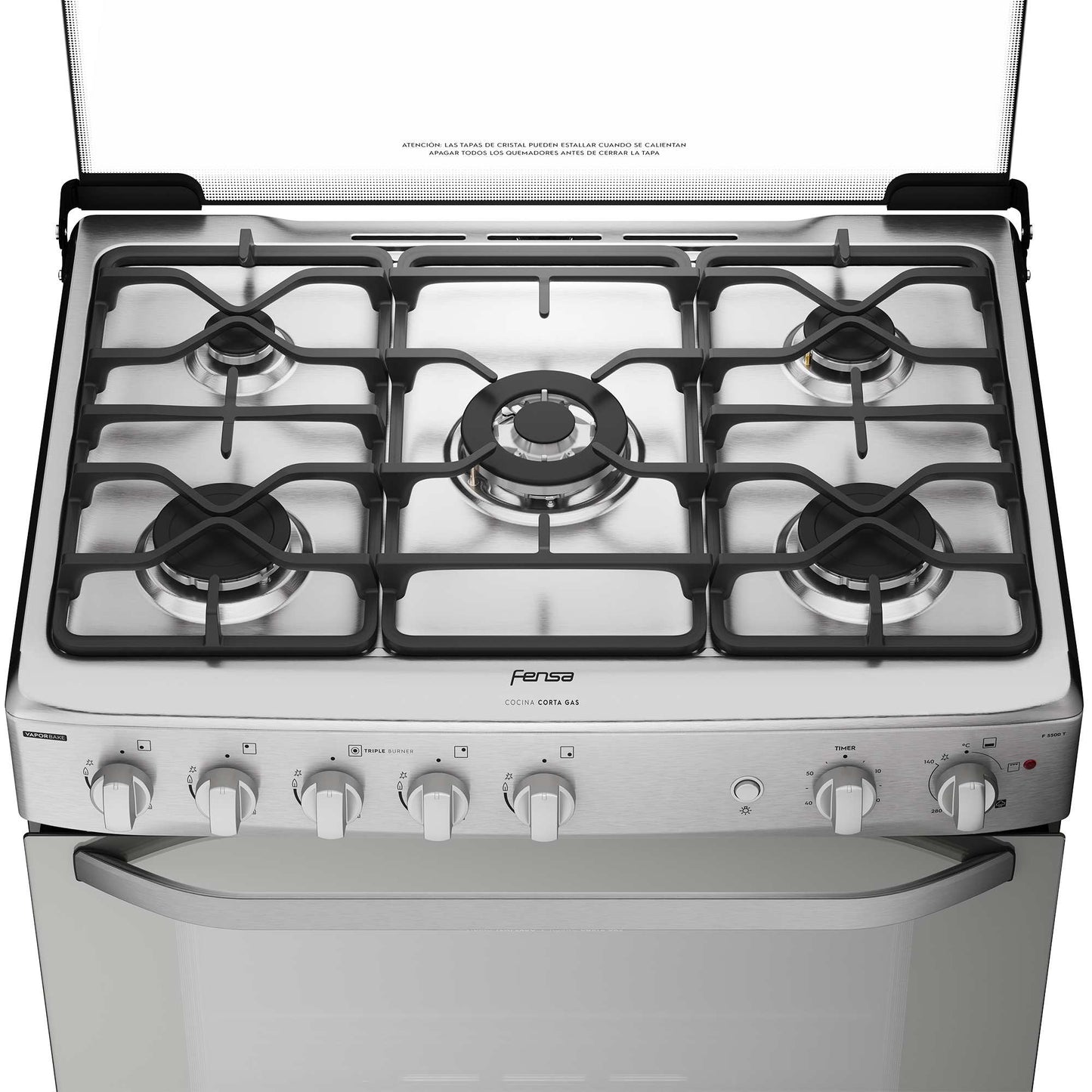 Cocina a Gas 5 Platos VaporBake Triple Llama F 5500 T Fensa4#Acero