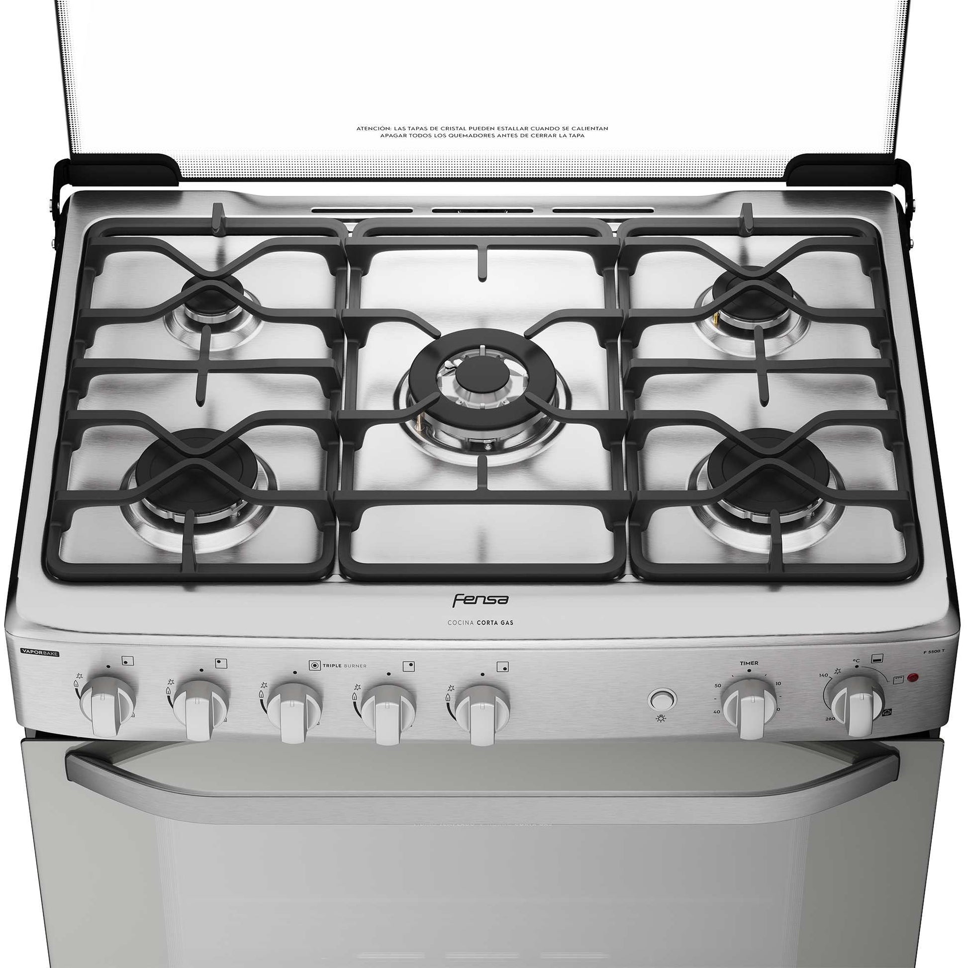 Cocina a Gas 5 Platos VaporBake Triple Llama F 5500 T Fensa4#Acero