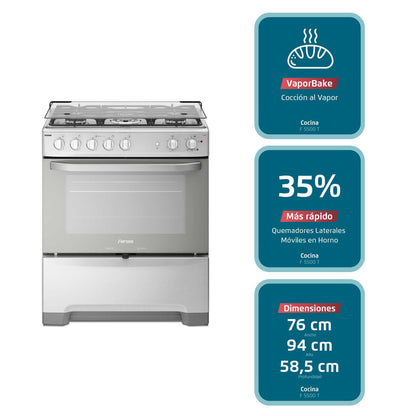 Cocina a Gas 5 Platos VaporBake Triple Llama F 5500 T Fensa11#Acero