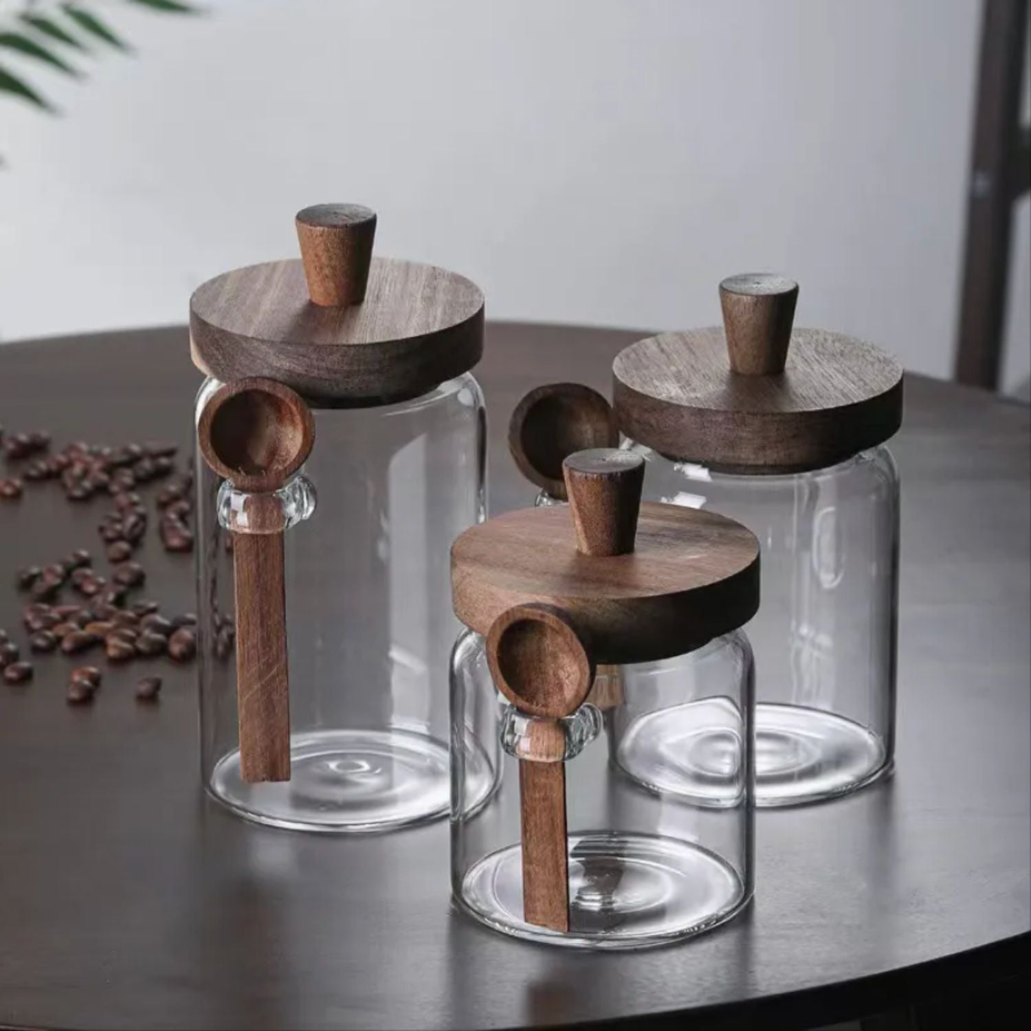 3 Contenedores de Vidrio Tapa Madera y Cucharita Santú Home & Deco2#Marrón