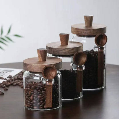 3 Contenedores de Vidrio Tapa Madera y Cucharita Santú Home & Deco4#Marrón