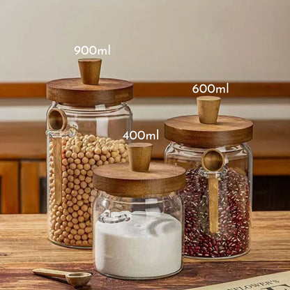 3 Contenedores de Vidrio Tapa Madera y Cucharita Santú Home & Deco7#Marrón