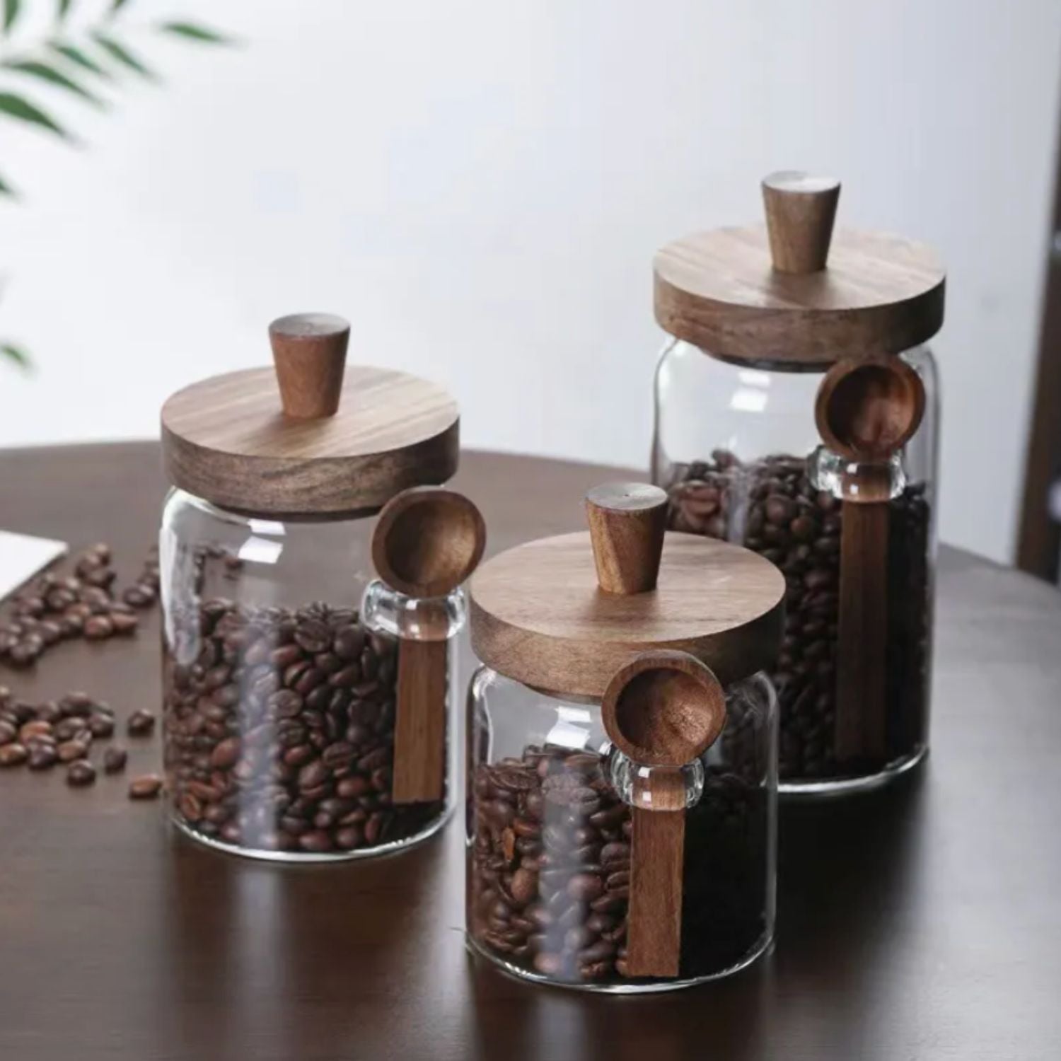 3 Contenedores de Vidrio Tapa Madera y Cucharita Santú Home & Deco1#Marrón