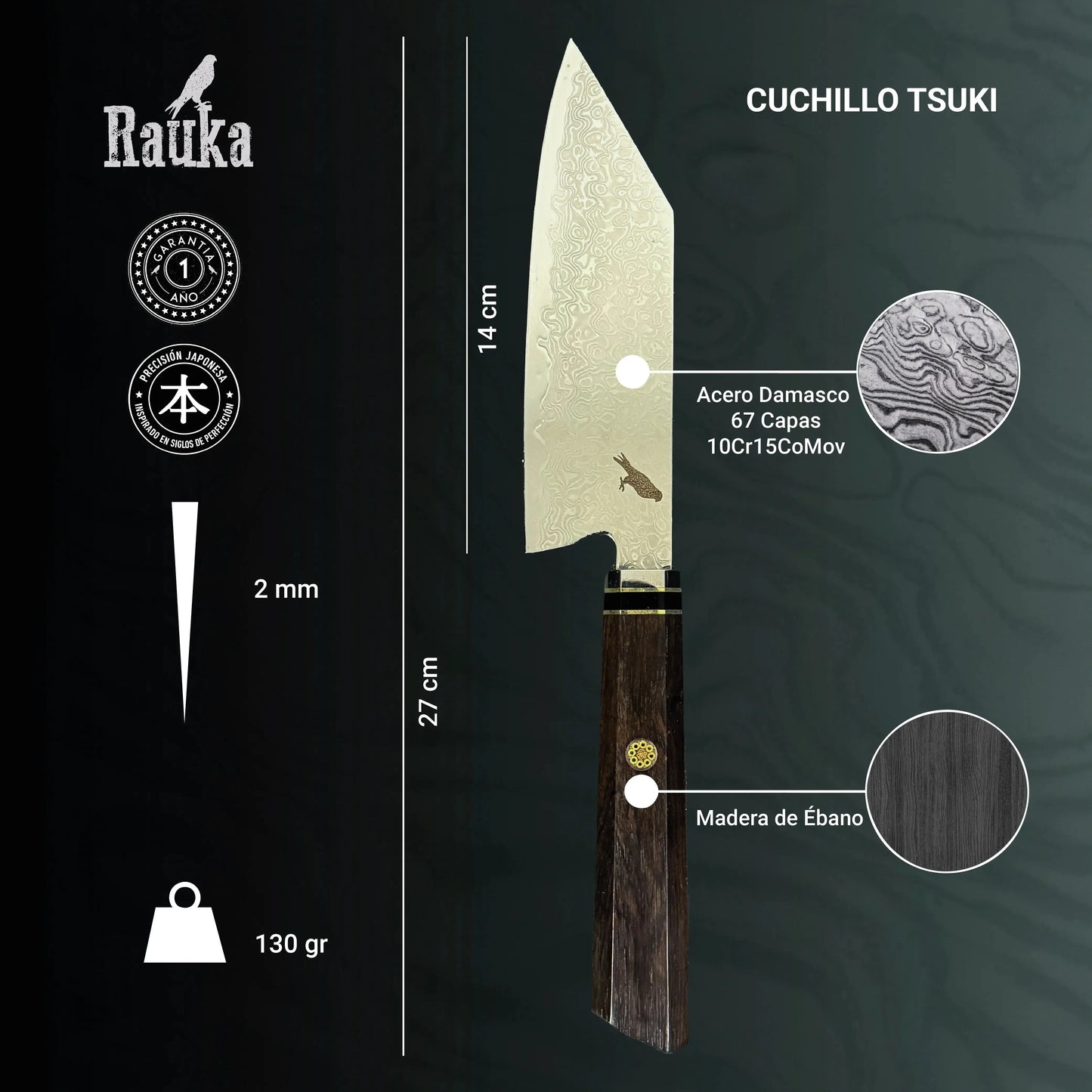 Cuchillo Bunka Damasco 27cm "Tsuki" Rauka-Cuchillos
