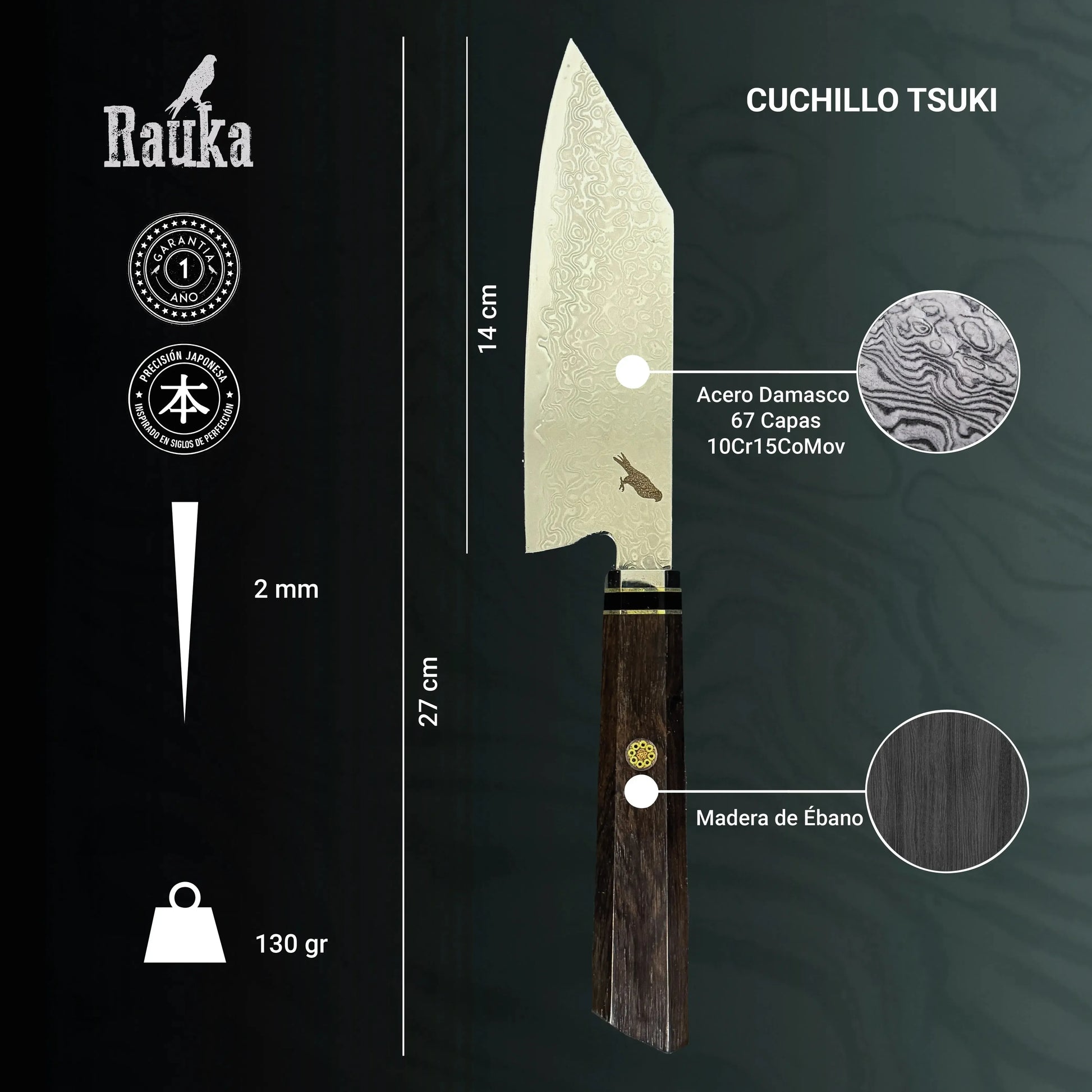Cuchillo Bunka Damasco 27cm "Tsuki" Rauka-Cuchillos