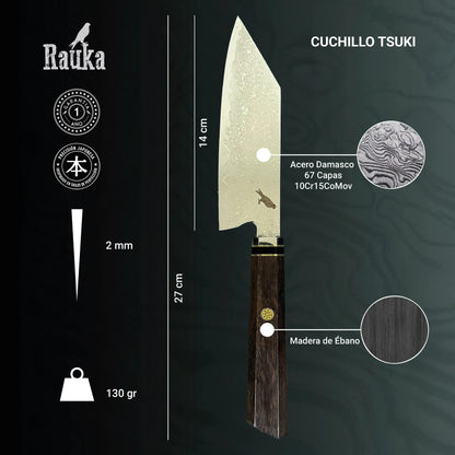 Cuchillo Bunka Damasco 27cm "Tsuki" Rauka-Cuchillos