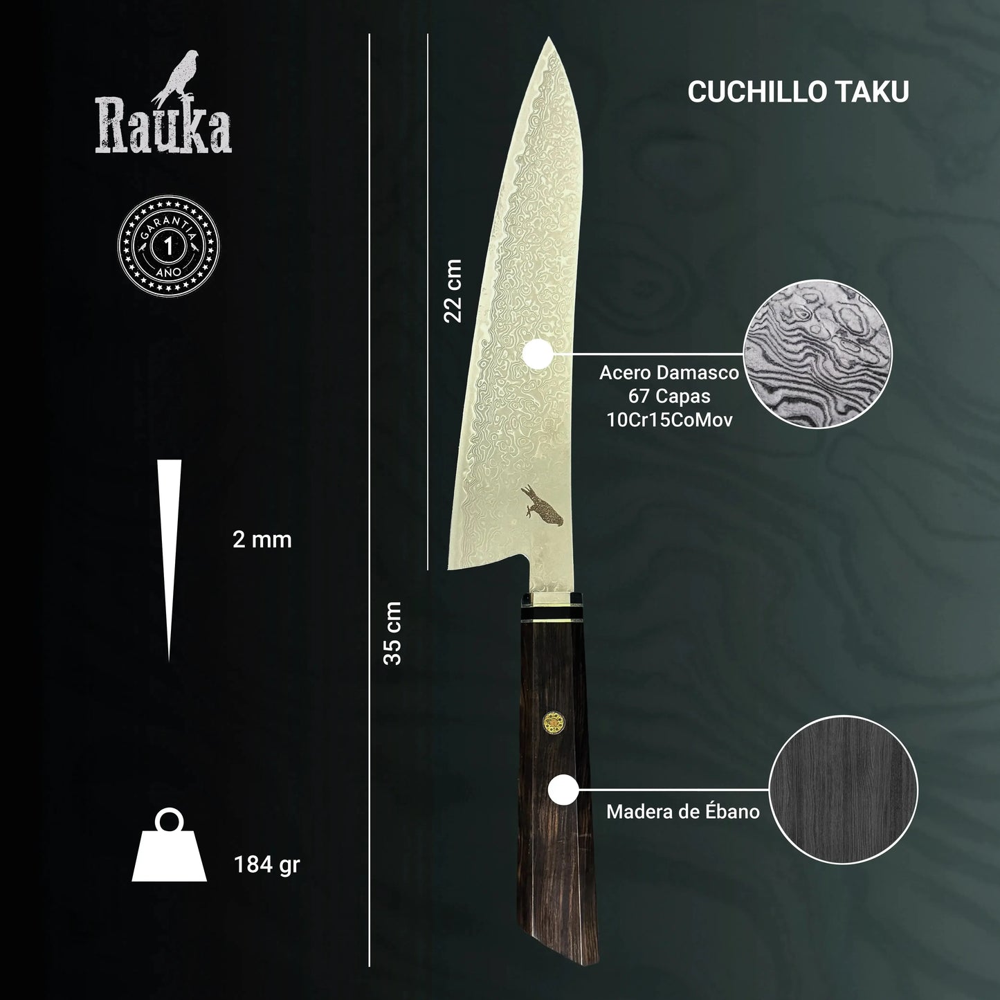 Cuchillo de Chef de Acero Damasco 35cm "Taku" Rauka-Cuchillos