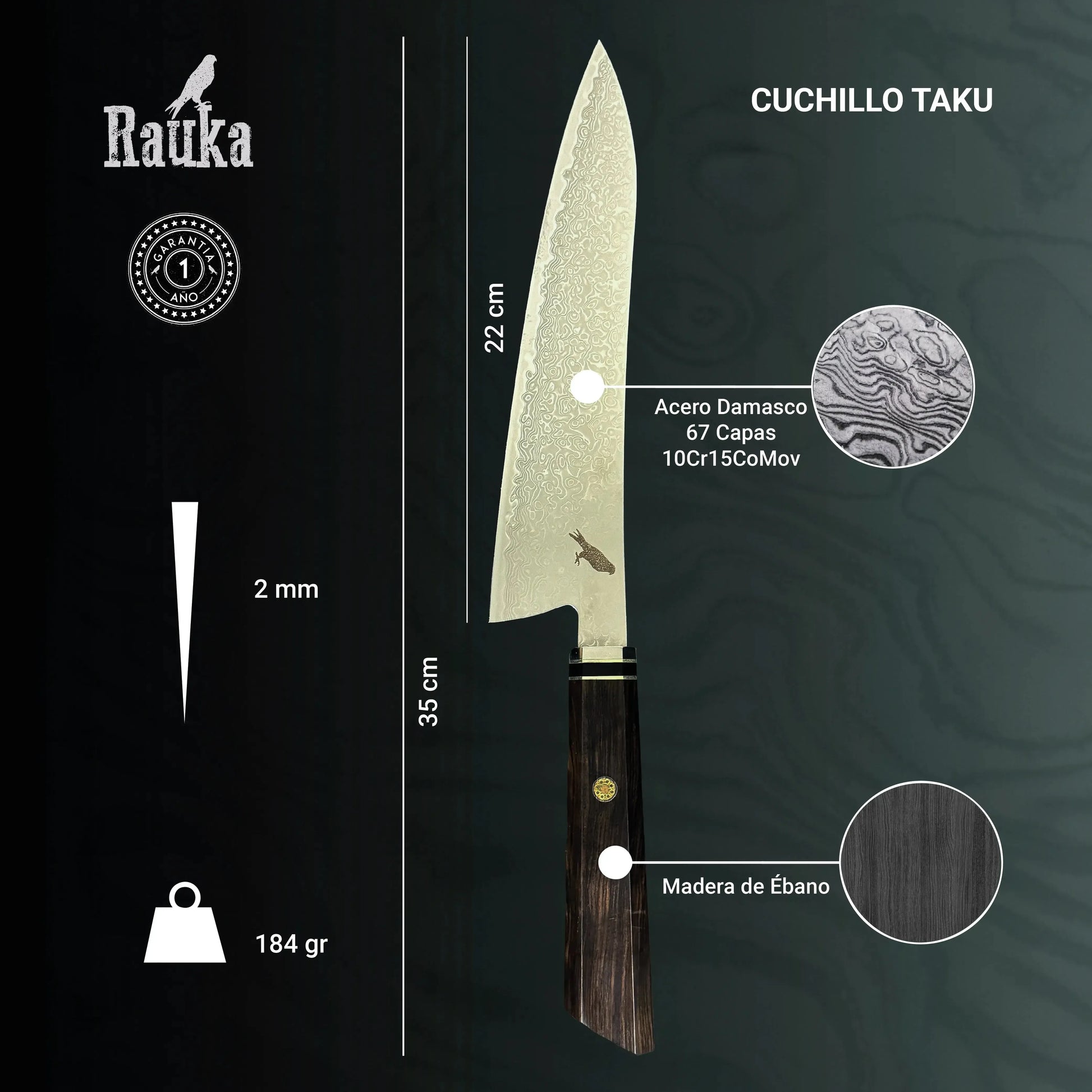 Cuchillo de Chef de Acero Damasco 35cm "Taku" Rauka-Cuchillos