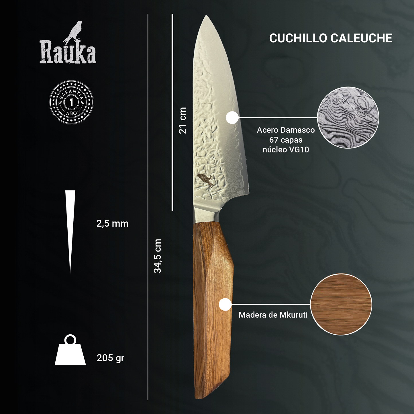 Cuchillo de Cocina Chef de Acero Damasco 34,5cm "Caleuche" Rauka-Cuchillos