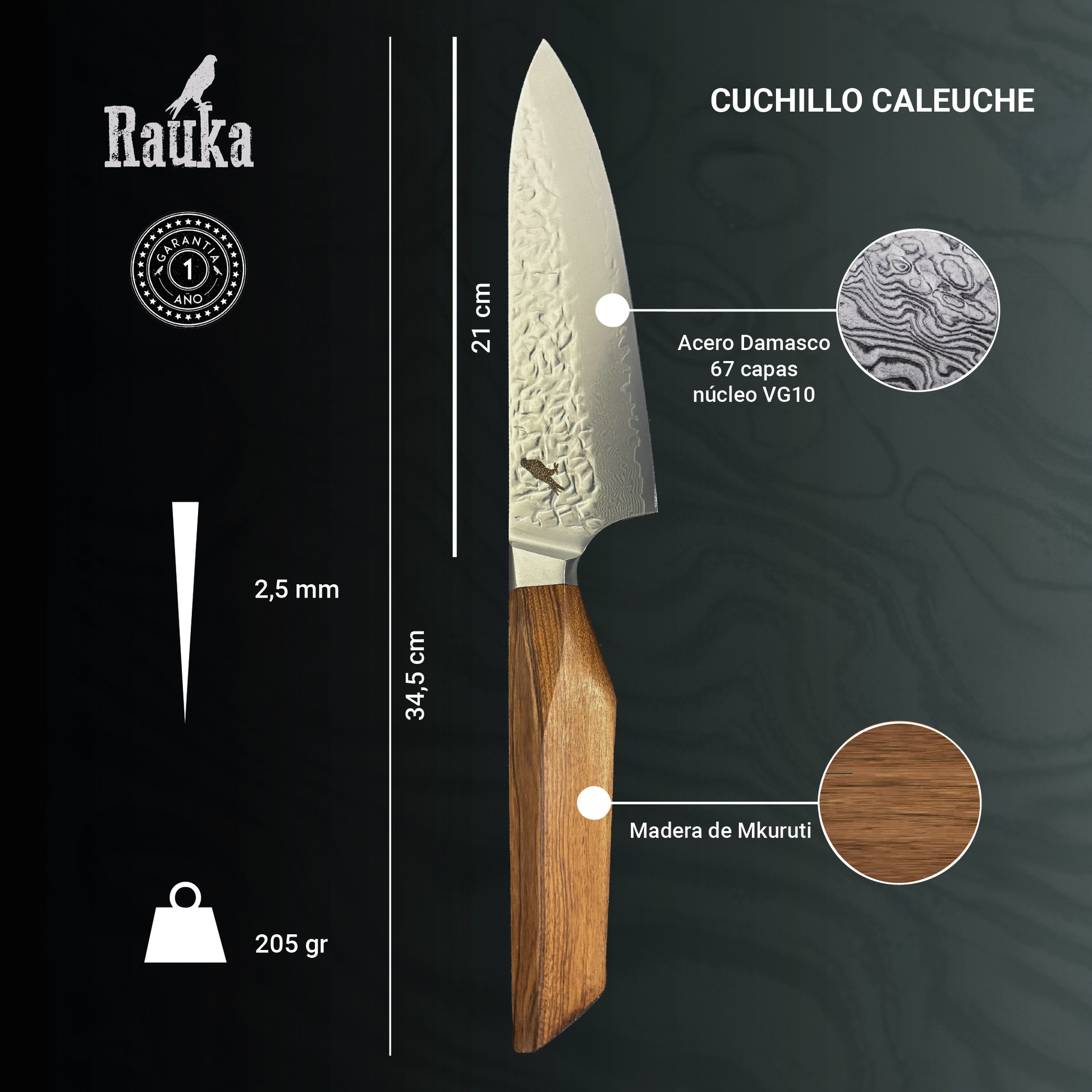 Cuchillo de Cocina Chef de Acero Damasco 34,5cm "Caleuche" Rauka-Cuchillos